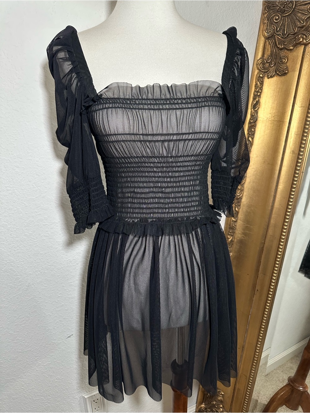 New Amanda Uprichard New York Hurrah Sheer Black Square Smocked Tulle Dress